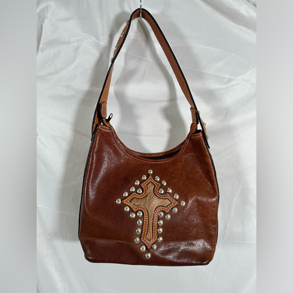 Montana Silversmiths Leather Purse Brown Fur Inset Cross Rhinestones
